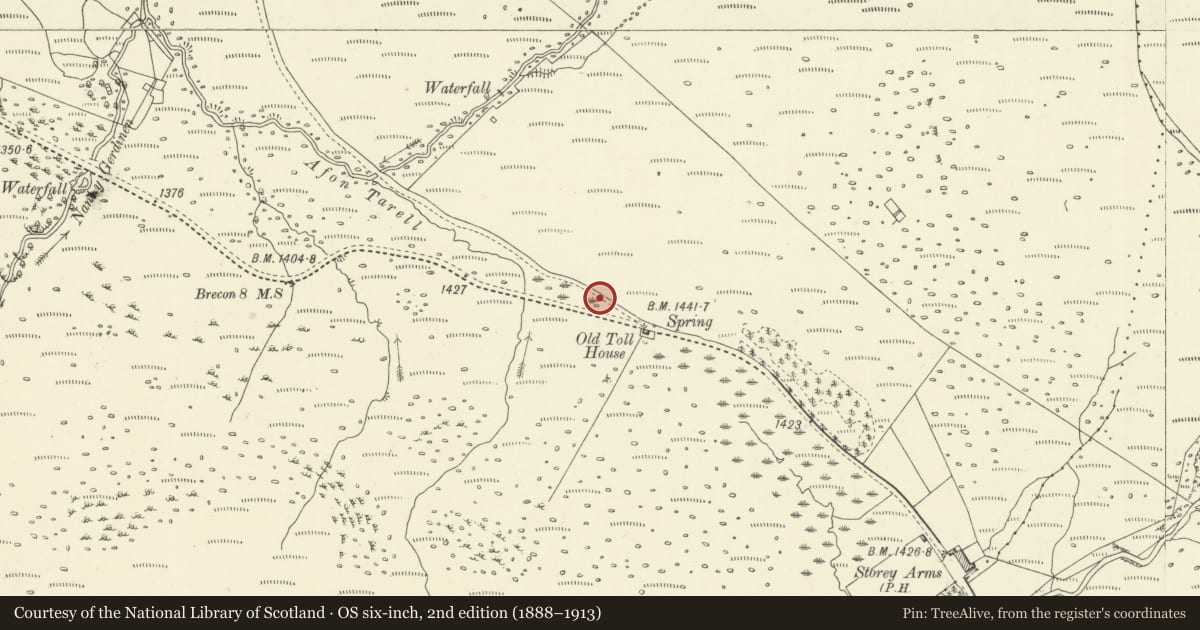 Ordnance Survey six-inch map, 2nd edition (1888–1913) covering the location of Telephone Call-box below Mountain Rescue Post at pass over Brecon Beacons (01874 622300), Glyn Tarell, Powys, with a pin at the register's coordinates