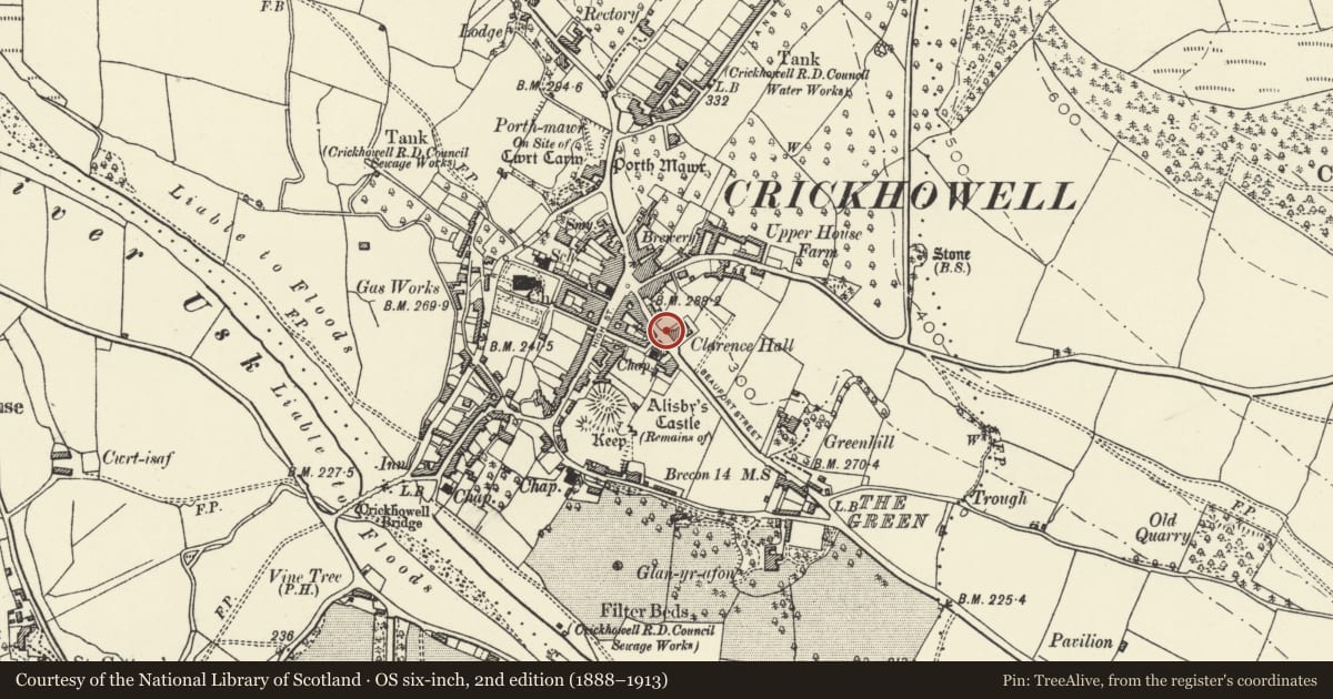 Ordnance Survey six-inch map, 2nd edition (1888–1913) covering the location of Telephone Call-box beside Clarence Hall and opposite Tower Street, Crickhowell, Powys, with a pin at the register's coordinates