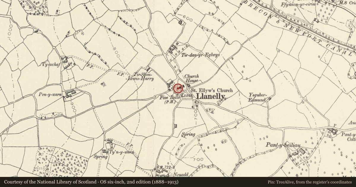 Ordnance Survey six-inch map, 2nd edition (1888–1913) covering the location of Telephone Call-box at lay-by adjoining churchyard in centre of village, Llanelly, Monmouthshire, with a pin at the register's coordinates