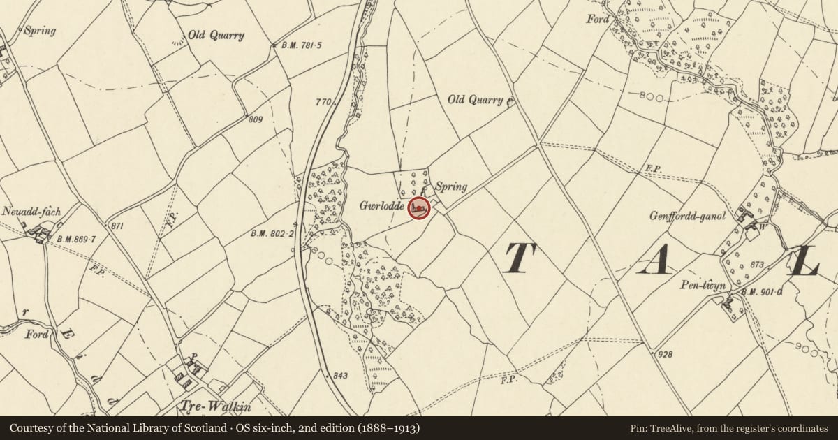 Ordnance Survey six-inch map, 2nd edition (1888–1913) covering the location of Old Farmhouse at Gwrlodde, Talgarth, Powys, with a pin at the register's coordinates
