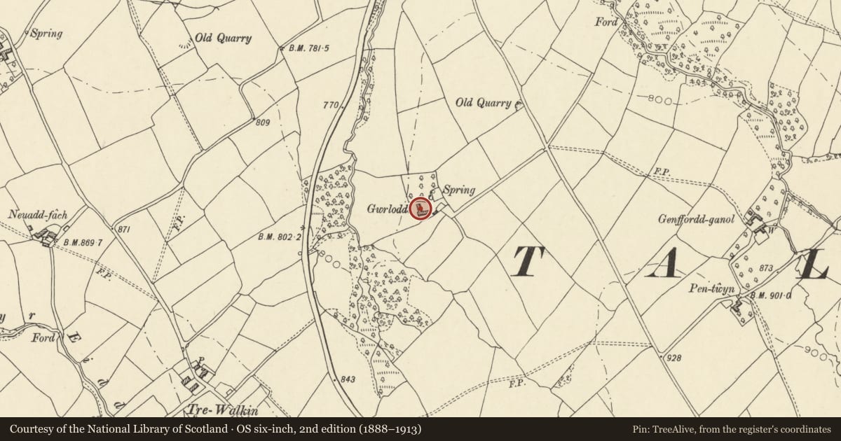 Ordnance Survey six-inch map, 2nd edition (1888–1913) covering the location of Barn at Gwrlodde adjoining Old Farmhouse at Gwrlodde, Talgarth, Powys, with a pin at the register's coordinates