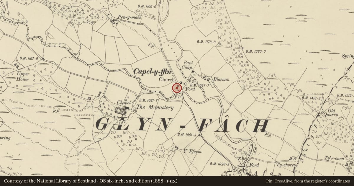 Ordnance Survey six-inch map, 2nd edition (1888–1913) covering the location of Telephone Call-box, Llanigon, Powys, with a pin at the register's coordinates