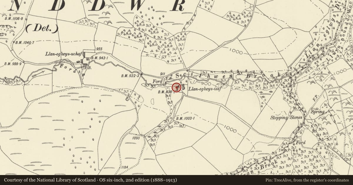 Ordnance Survey six-inch map, 2nd edition (1888–1913) covering the location of Llaneglwys Isaf including attached barn to left, Erwood, Powys, with a pin at the register's coordinates