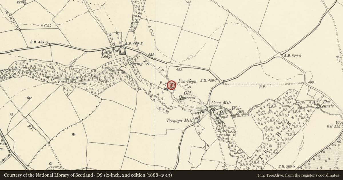 Ordnance Survey six-inch map, 2nd edition (1888–1913) covering the location of Barn at Pen-twyn, Gwernyfed, Powys, with a pin at the register's coordinates