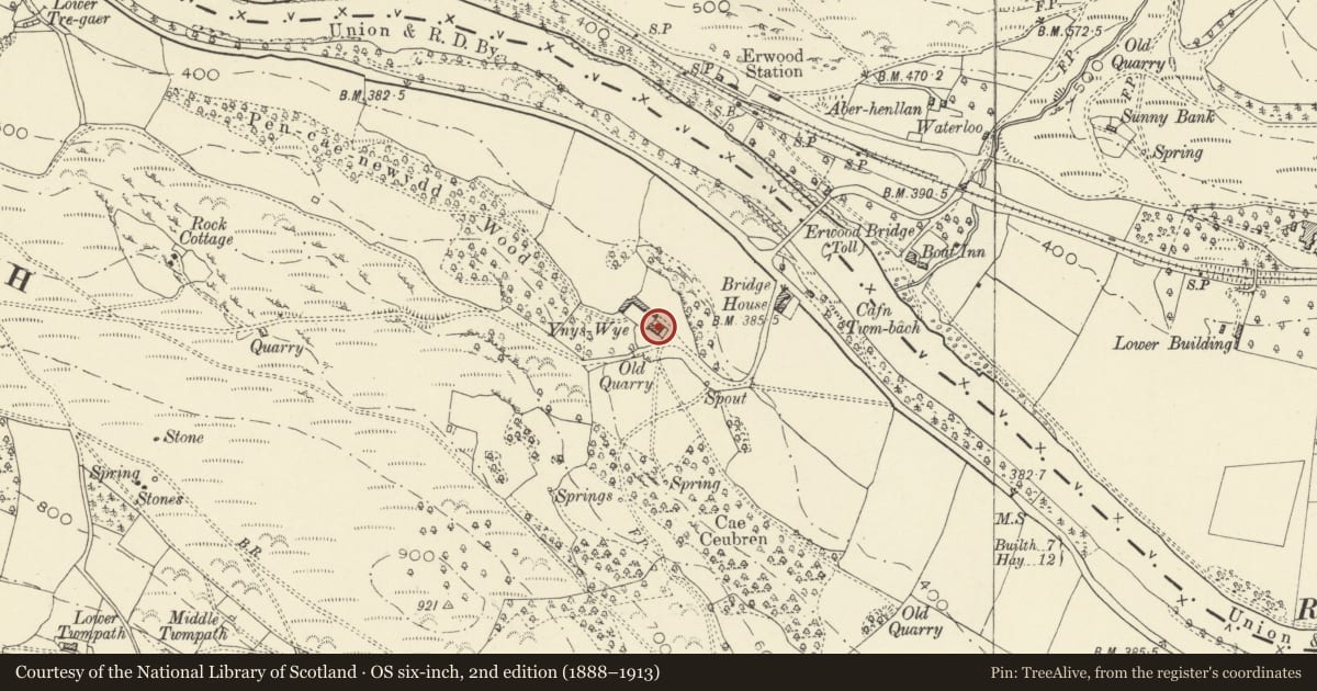 Ordnance Survey six-inch map, 2nd edition (1888–1913) covering the location of Ynys Wye Farmhouse, Erwood, Powys, with a pin at the register's coordinates