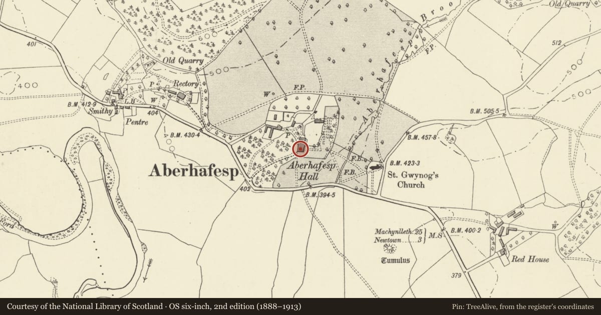 Ordnance Survey six-inch map, 2nd edition (1888–1913) covering the location of Aberhafesp Hall, Powys, with a pin at the register's coordinates