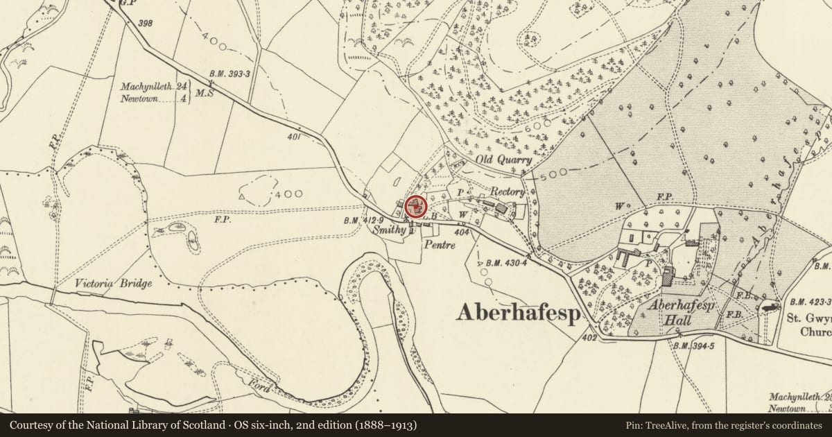 Ordnance Survey six-inch map, 2nd edition (1888–1913) covering the location of Pentre, Aberhafesp, Powys, with a pin at the register's coordinates