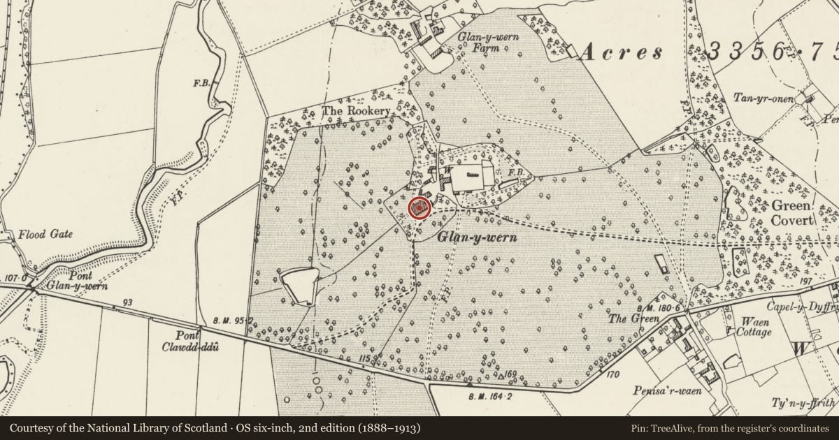 Ordnance Survey six-inch map, 2nd edition (1888–1913) covering the location of Glan-y-wern Hall, Llandyrnog, Denbighshire, with a pin at the register's coordinates