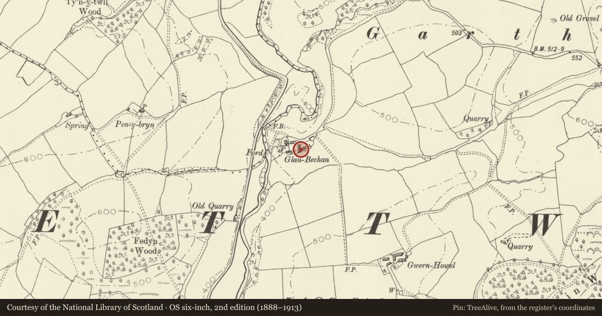 Ordnance Survey six-inch map, 2nd edition (1888–1913) covering the location of Glan Bechan, Bettws, Powys, with a pin at the register's coordinates