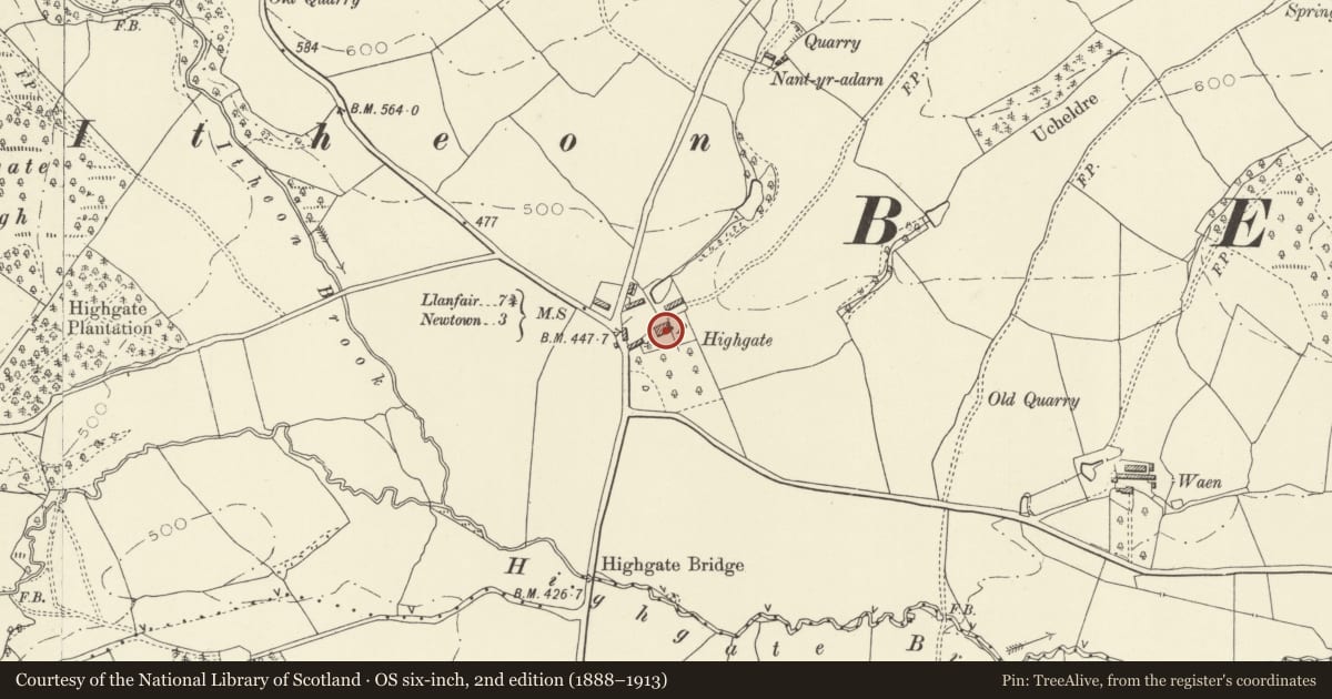 Ordnance Survey six-inch map, 2nd edition (1888–1913) covering the location of Highgate, Bettws, Powys, with a pin at the register's coordinates