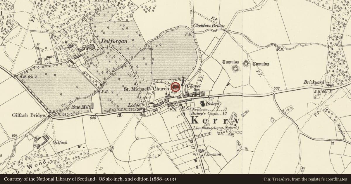 Ordnance Survey six-inch map, 2nd edition (1888–1913) covering the location of Church of St Michael and All Angels, Kerry, Powys, with a pin at the register's coordinates