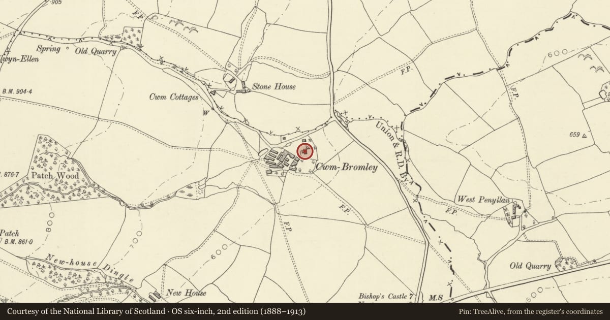 Ordnance Survey six-inch map, 2nd edition (1888–1913) covering the location of Cwm-Bromley Farmhouse, Kerry, Powys, with a pin at the register's coordinates