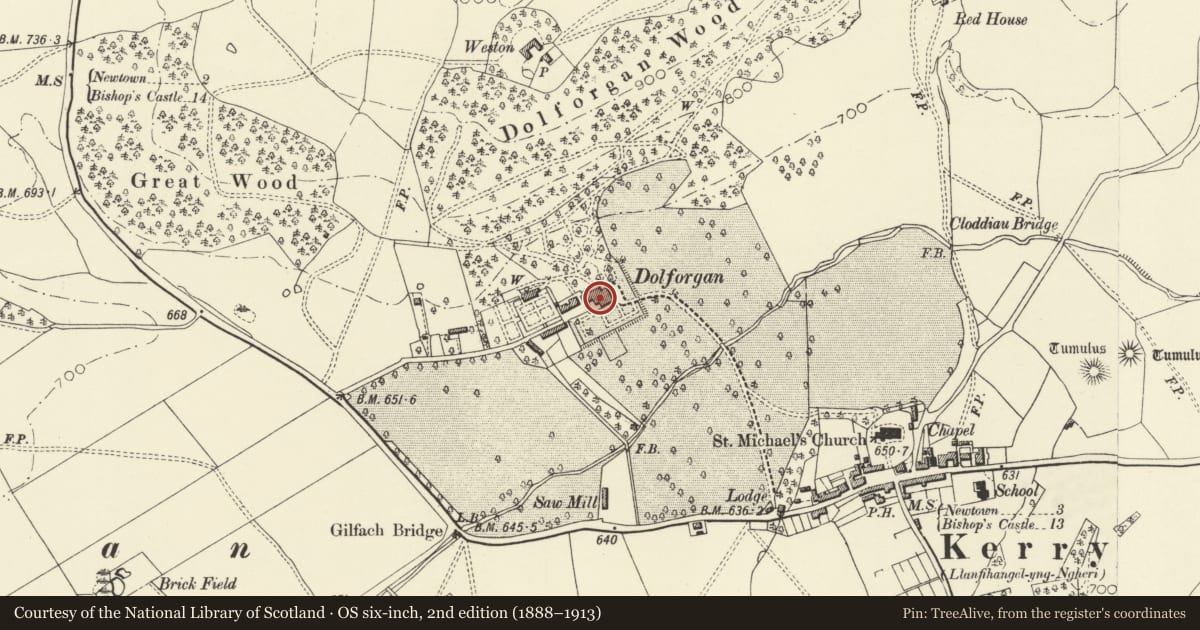 Ordnance Survey six-inch map, 2nd edition (1888–1913) covering the location of Dolforgan Hall, Kerry, Powys, with a pin at the register's coordinates