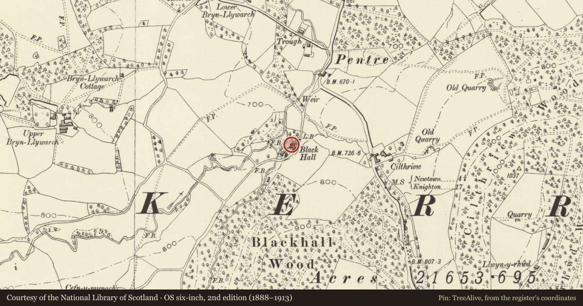 Ordnance Survey six-inch map, 2nd edition (1888–1913) covering the location of Black Hall, Kerry, Powys, with a pin at the register's coordinates