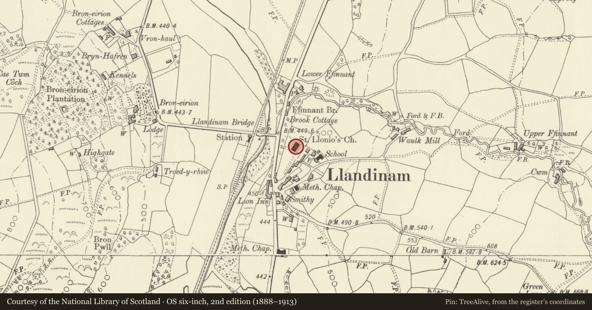 Ordnance Survey six-inch map, 2nd edition (1888–1913) covering the location of Church of St Llonio, Llandinam, Powys, with a pin at the register's coordinates