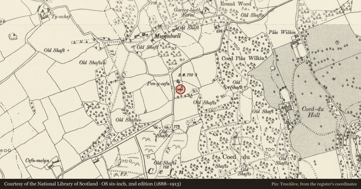 Ordnance Survey six-inch map, 2nd edition (1888–1913) covering the location of Former Cartshed and Byre at Pen-y-Cefn Farm, Cilcain, Flintshire, with a pin at the register's coordinates