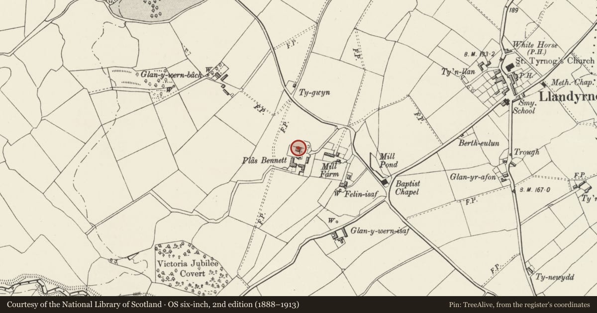 Ordnance Survey six-inch map, 2nd edition (1888–1913) covering the location of Plas Bennett, Llandyrnog, Denbighshire, with a pin at the register's coordinates