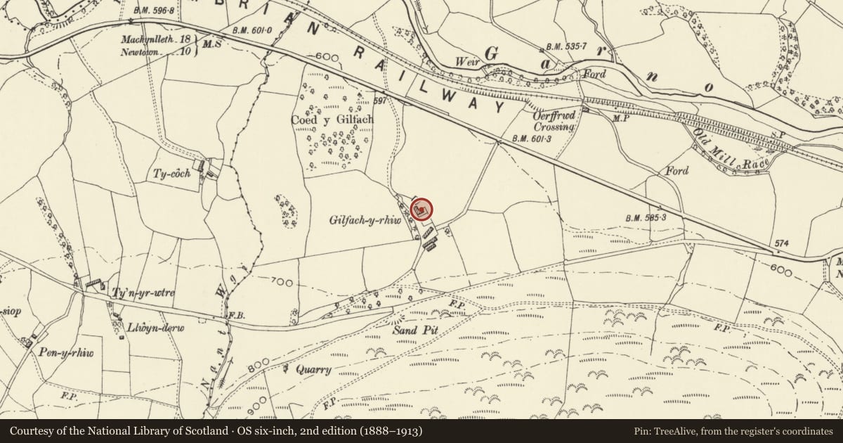 Ordnance Survey six-inch map, 2nd edition (1888–1913) covering the location of Gilfach-y-rhiw, Caersws, Powys, with a pin at the register's coordinates