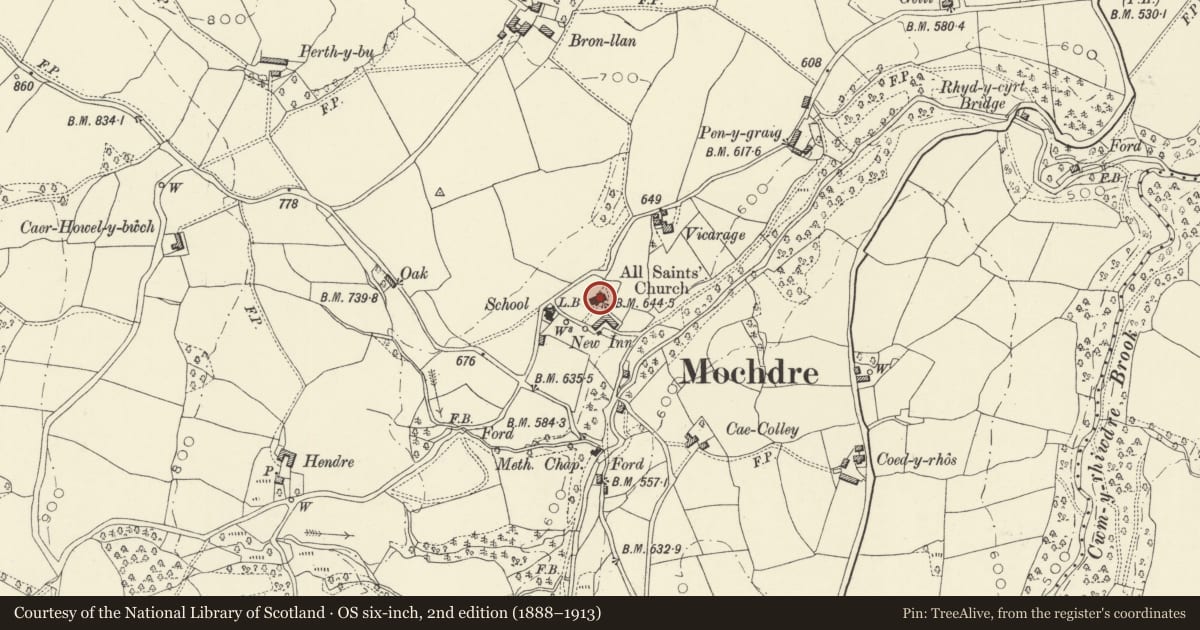 Ordnance Survey six-inch map, 2nd edition (1888–1913) covering the location of All Saints Church, Mochdre, Powys, with a pin at the register's coordinates