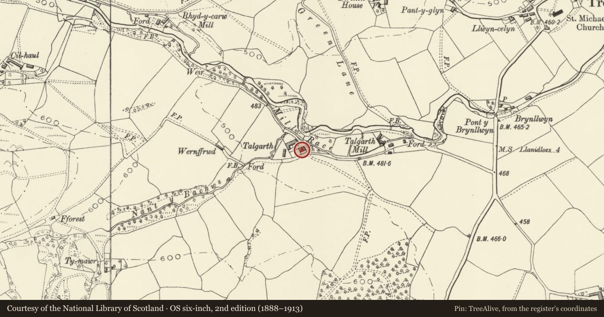 Ordnance Survey six-inch map, 2nd edition (1888–1913) covering the location of Talgarth Farm, Trefeglwys, Powys, with a pin at the register's coordinates