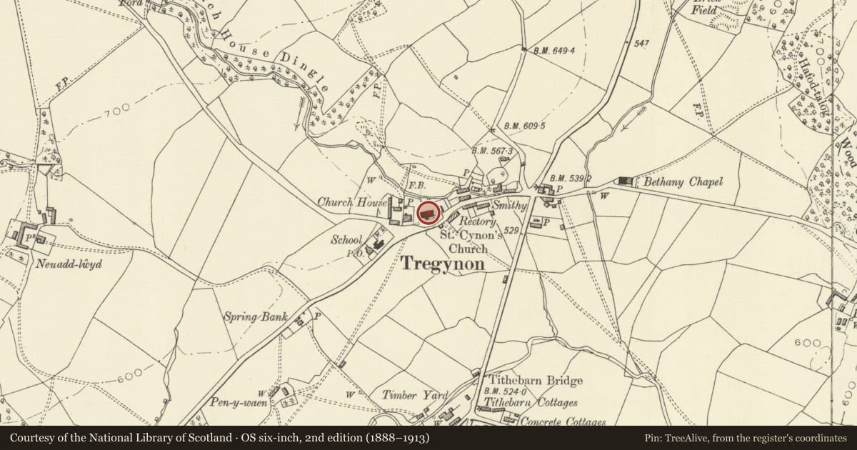 Ordnance Survey six-inch map, 2nd edition (1888–1913) covering the location of Church of St Cynon, Tregynon, Powys, with a pin at the register's coordinates
