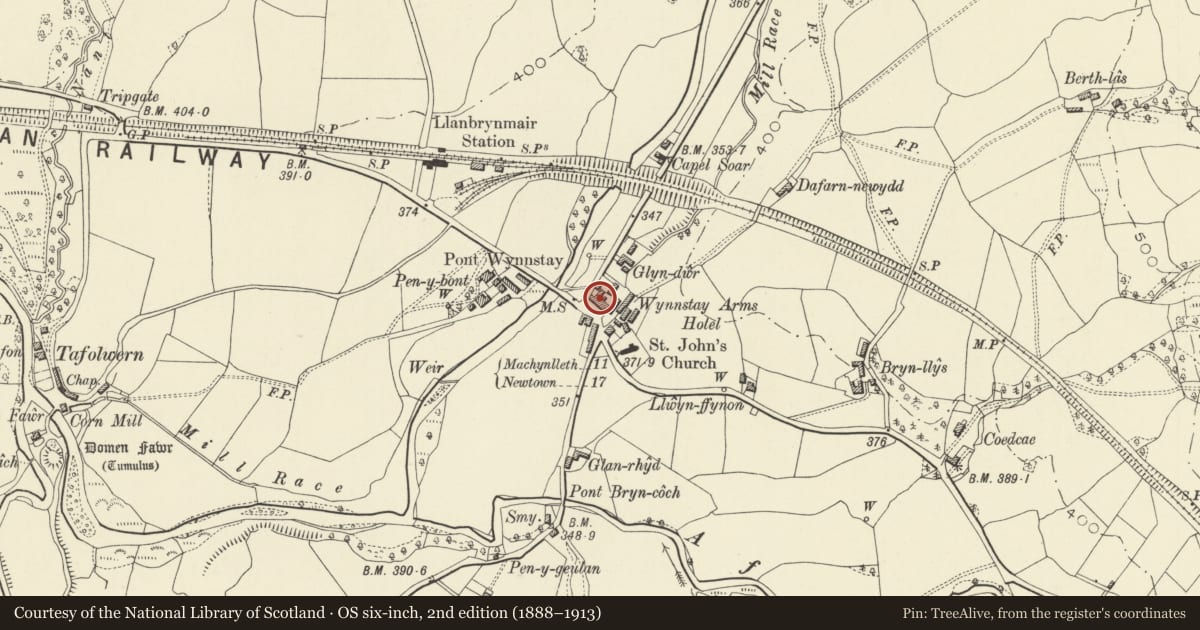 Ordnance Survey six-inch map, 2nd edition (1888–1913) covering the location of Wynnstay Arms, Llanbrynmair, Powys, with a pin at the register's coordinates