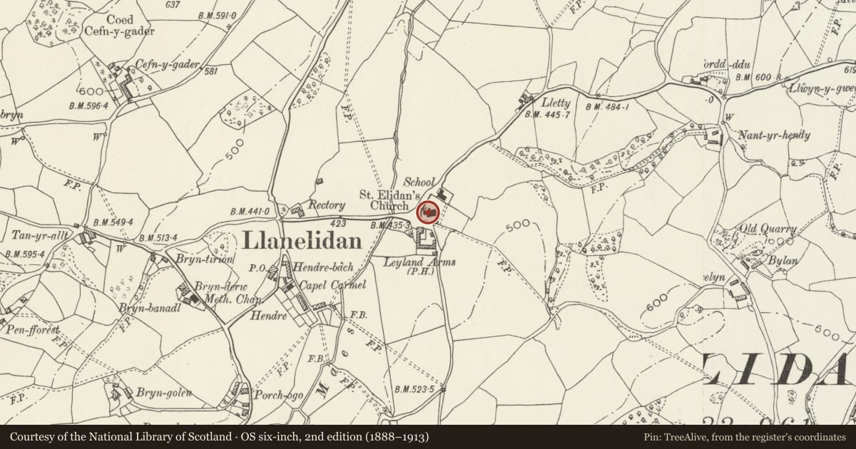 Ordnance Survey six-inch map, 2nd edition (1888–1913) covering the location of Church of St Elidan, Llanelidan, Denbighshire, with a pin at the register's coordinates