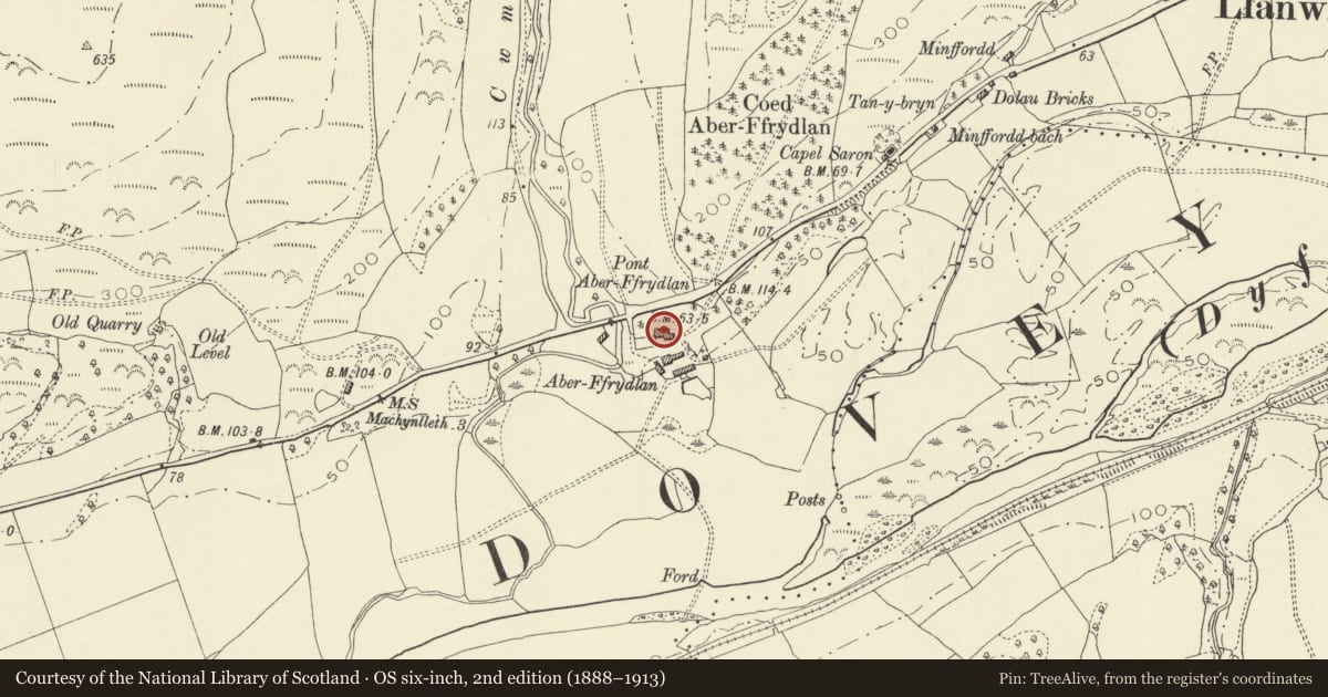 Ordnance Survey six-inch map, 2nd edition (1888–1913) covering the location of Aberffrydlan, Glantwymyn, Powys, with a pin at the register's coordinates