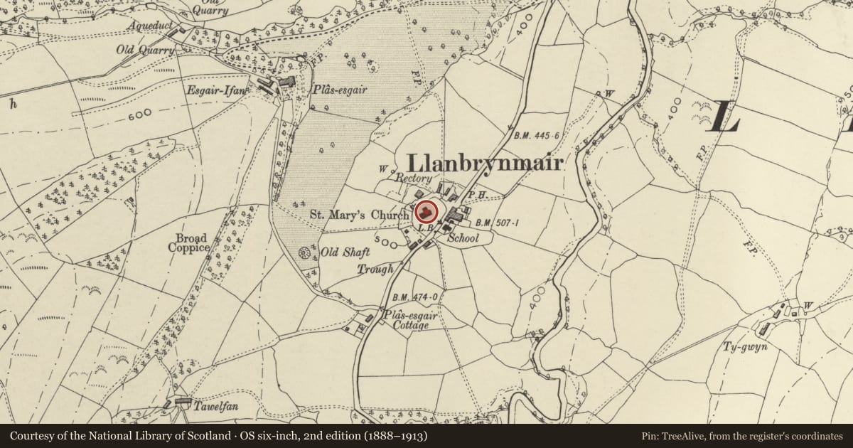 Ordnance Survey six-inch map, 2nd edition (1888–1913) covering the location of Church of St Mary, Llanbrynmair, Powys, with a pin at the register's coordinates