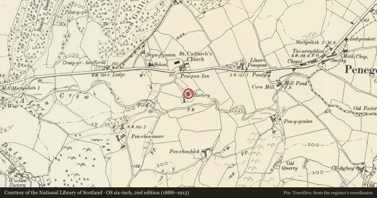 Ordnance Survey six-inch map, 2nd edition (1888–1913) covering the location of Y Rheithordy, Cadfarch, Powys, with a pin at the register's coordinates