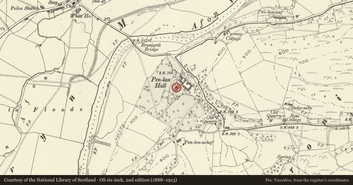 Ordnance Survey six-inch map, 2nd edition (1888–1913) covering the location of Pen-y-Lan Hall, Meifod, Powys, with a pin at the register's coordinates