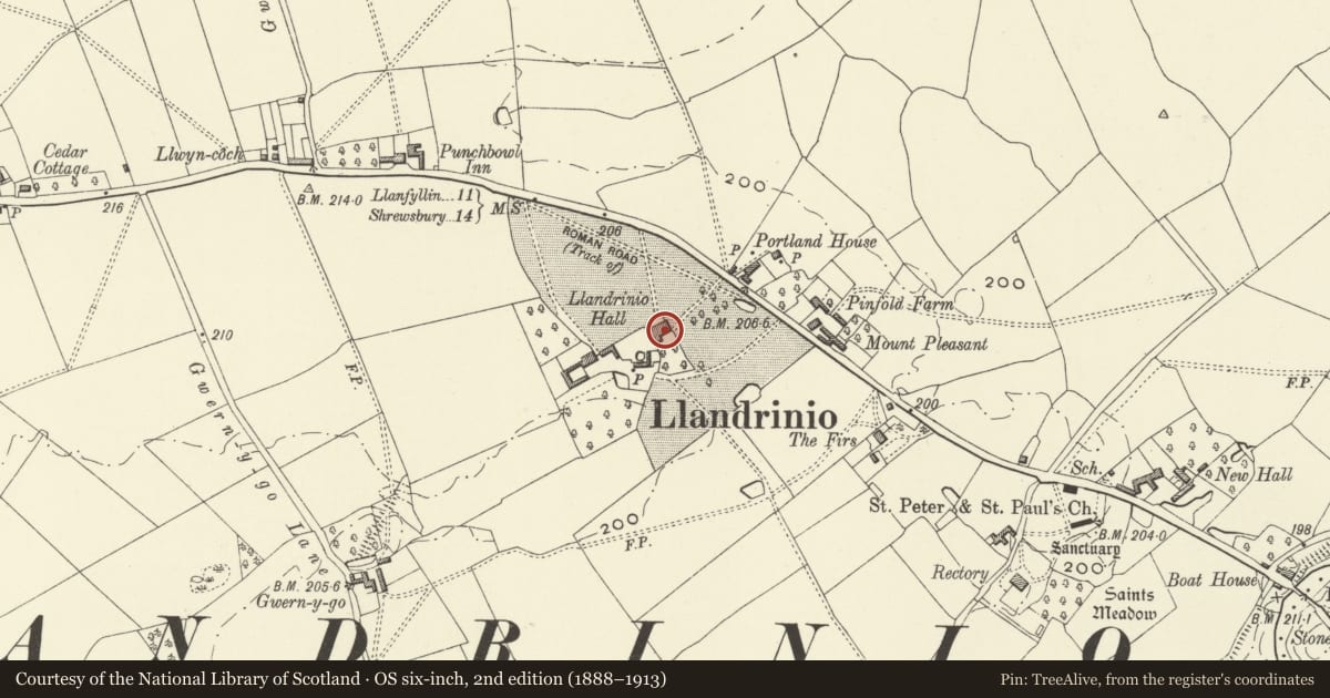 Ordnance Survey six-inch map, 2nd edition (1888–1913) covering the location of Llandrinio Hall, Powys, with a pin at the register's coordinates