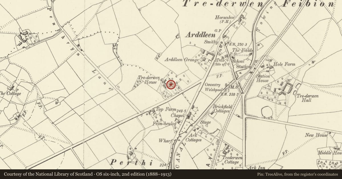 Ordnance Survey six-inch map, 2nd edition (1888–1913) covering the location of Trederwen House, Llandrinio, Powys, with a pin at the register's coordinates
