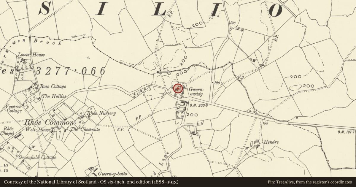 Ordnance Survey six-inch map, 2nd edition (1888–1913) covering the location of Gwern-Owddy, Llandrinio, Powys, with a pin at the register's coordinates