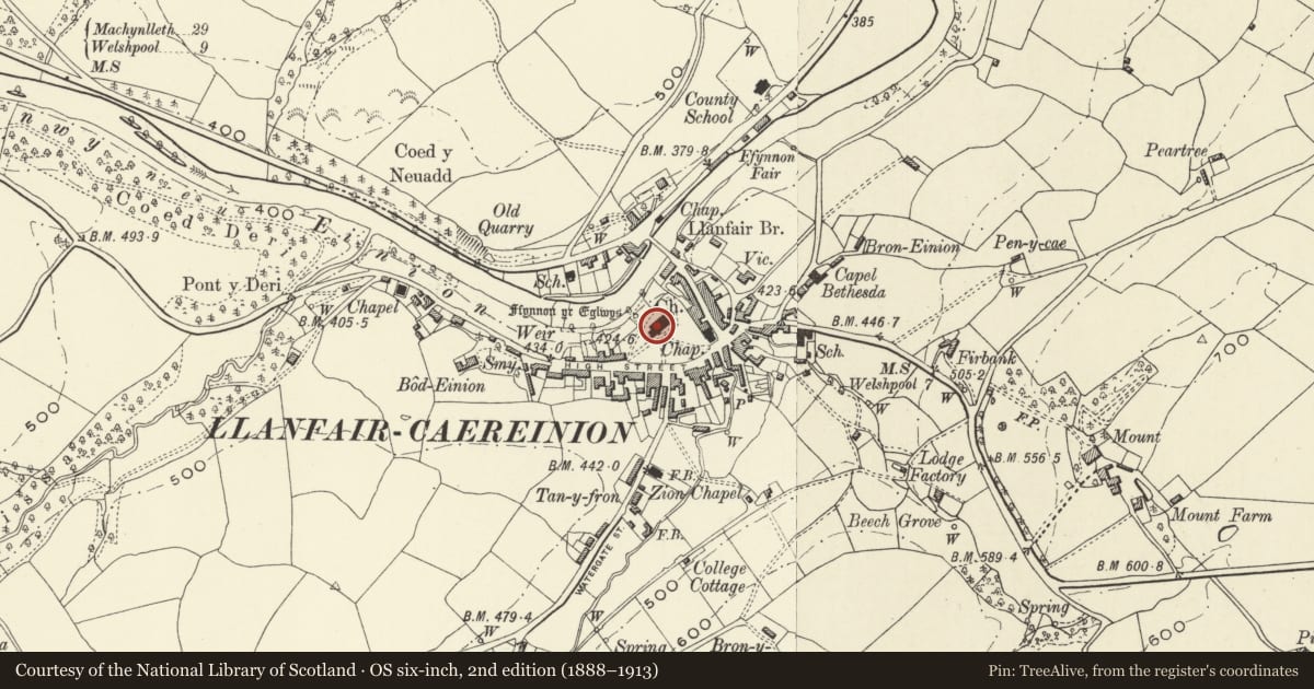 Ordnance Survey six-inch map, 2nd edition (1888–1913) covering the location of Church of St Mary, Llanfair Caereinion, Powys, with a pin at the register's coordinates