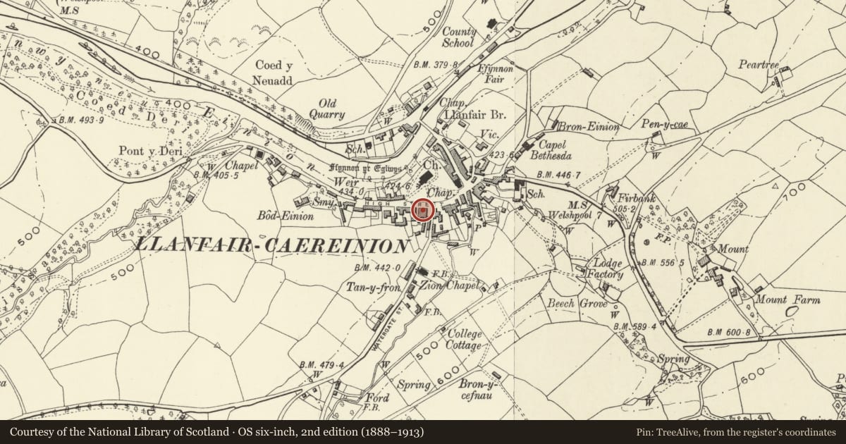 Ordnance Survey six-inch map, 2nd edition (1888–1913) covering the location of No 1 Watergate Street (Formerly Twist's Shoemaker's Shop), Llanfair Caereinion, Powys, with a pin at the register's coordinates