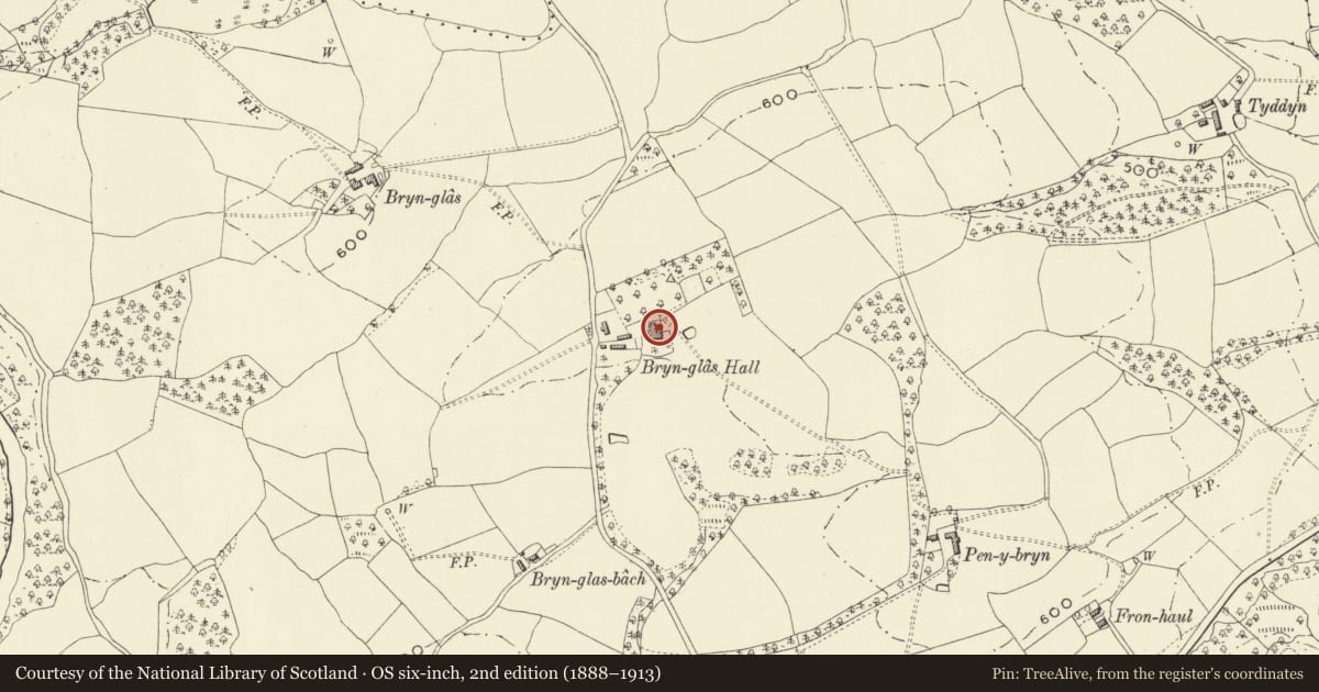 Ordnance Survey six-inch map, 2nd edition (1888–1913) covering the location of Bryn-glas Hall Also known as Brynglas Devereux, Llanfair Caereinion, Powys, with a pin at the register's coordinates
