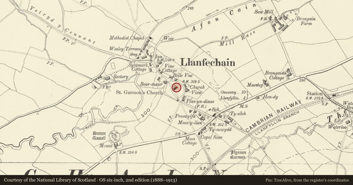 Ordnance Survey six-inch map, 2nd edition (1888–1913) covering the location of Church of St. Garmon, Llanfechain, Powys, with a pin at the register's coordinates