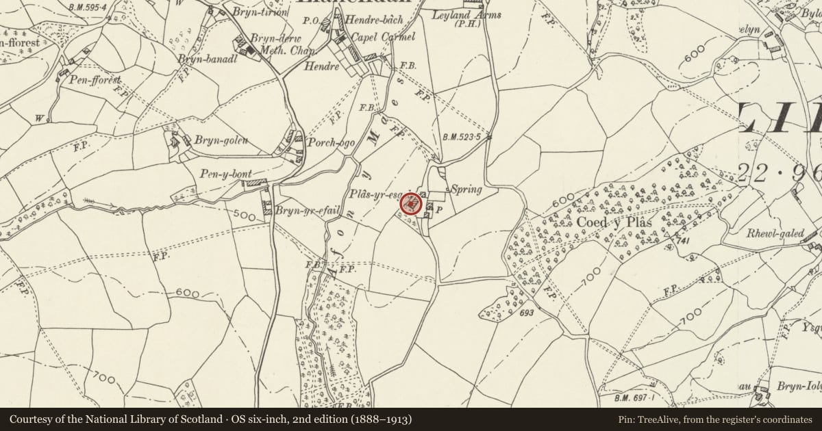 Ordnance Survey six-inch map, 2nd edition (1888–1913) covering the location of Barn Range at Plas-yr-esgob, Llanelidan, Denbighshire, with a pin at the register's coordinates
