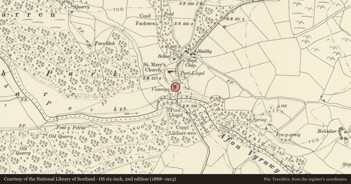 Ordnance Survey six-inch map, 2nd edition (1888–1913) covering the location of Llwyn-onn (Llwydiarth Old Vicarage) with attached Stable and Byre, Llanfihangel, Powys, with a pin at the register's coordinates