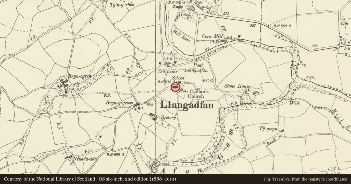 Ordnance Survey six-inch map, 2nd edition (1888–1913) covering the location of Church of St Cadfan, Banwy, Powys, with a pin at the register's coordinates