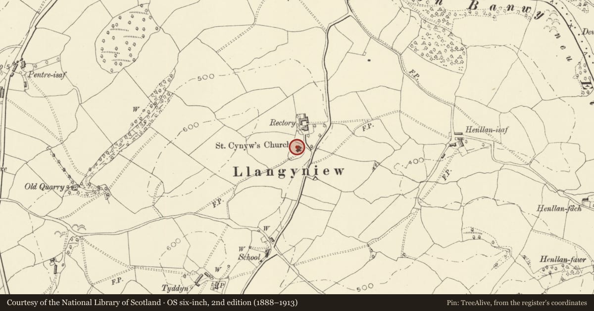 Ordnance Survey six-inch map, 2nd edition (1888–1913) covering the location of Church of St Cynyw, Llangyniew, Powys, with a pin at the register's coordinates