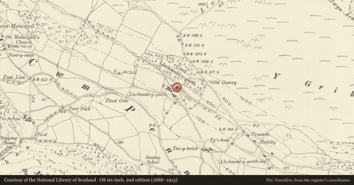 Ordnance Survey six-inch map, 2nd edition (1888–1913) covering the location of Llechwedd-y-garth, Llangynog, Powys, with a pin at the register's coordinates