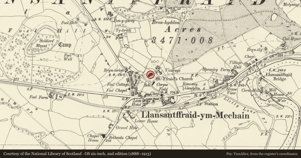 Ordnance Survey six-inch map, 2nd edition (1888–1913) covering the location of Church of St Ffraid, Llansantffraid, Powys, with a pin at the register's coordinates