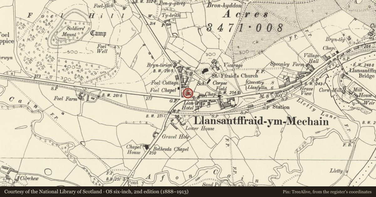 Ordnance Survey six-inch map, 2nd edition (1888–1913) covering the location of Lion Hotel, Llansantffraid, Powys, with a pin at the register's coordinates