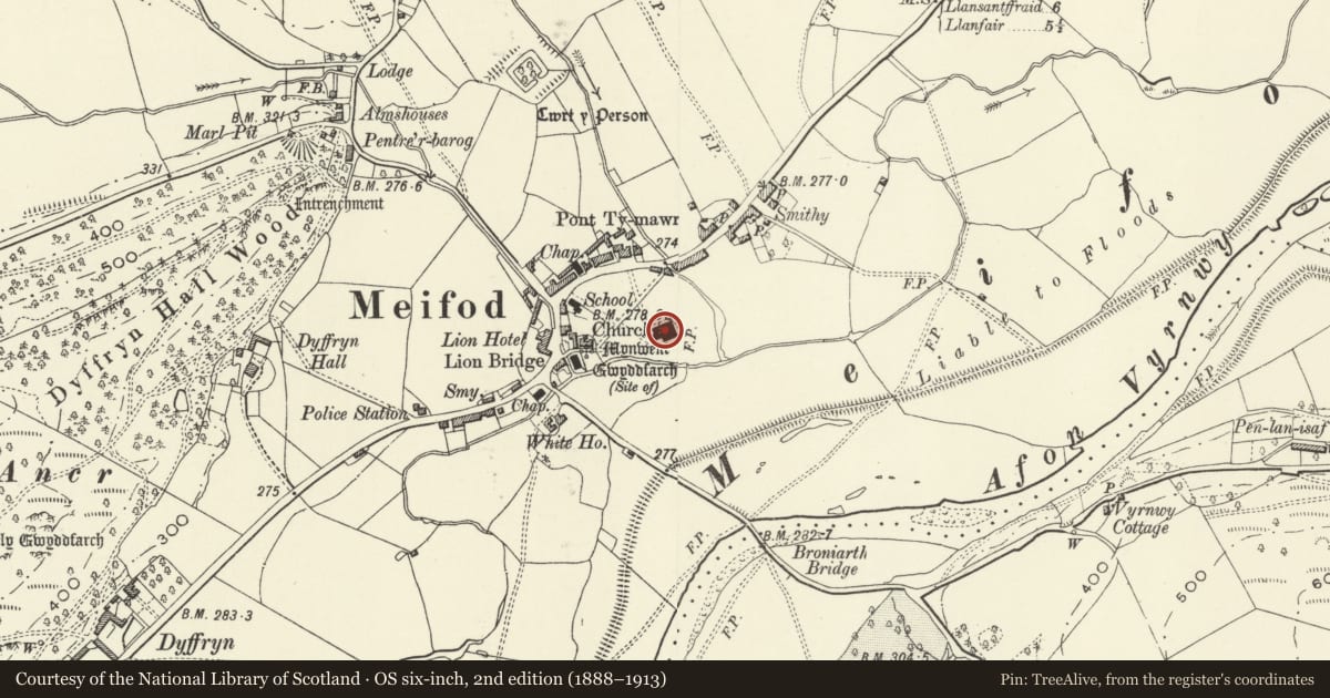 Ordnance Survey six-inch map, 2nd edition (1888–1913) covering the location of Parish Church of St Tysilio and St Mary, Meifod, Powys, with a pin at the register's coordinates
