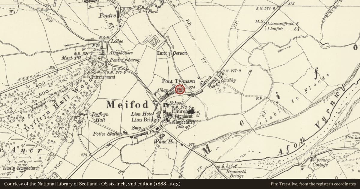 Ordnance Survey six-inch map, 2nd edition (1888–1913) covering the location of King's Head Public House, Meifod, Powys, with a pin at the register's coordinates