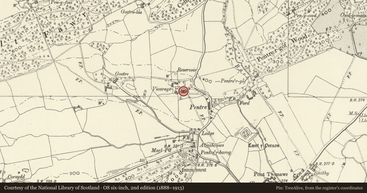 Ordnance Survey six-inch map, 2nd edition (1888–1913) covering the location of The Old Vicarage, Meifod, Powys, with a pin at the register's coordinates