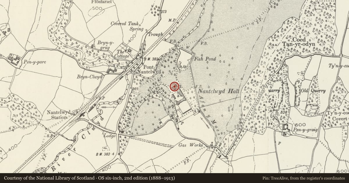 Ordnance Survey six-inch map, 2nd edition (1888–1913) covering the location of Nantclwyd Hall, Llanelidan, Denbighshire, with a pin at the register's coordinates