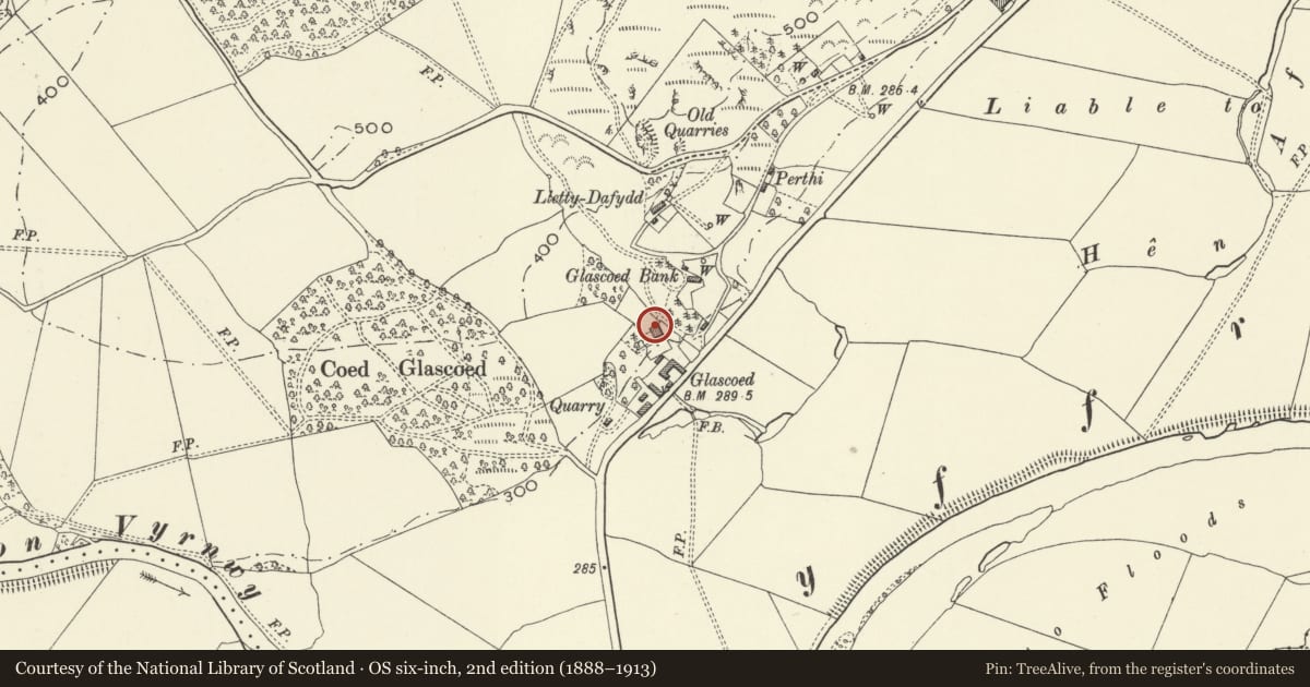 Ordnance Survey six-inch map, 2nd edition (1888–1913) covering the location of Glascoed, Meifod, Powys, with a pin at the register's coordinates